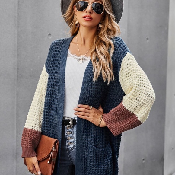 Color block chunky knit pocket open front cardigan - Picture 5 of 6